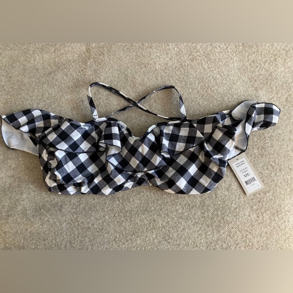 Freya Swimwear  Totally Check Bardot Bikini. Black & White Gingham, Ruffle. 32G.